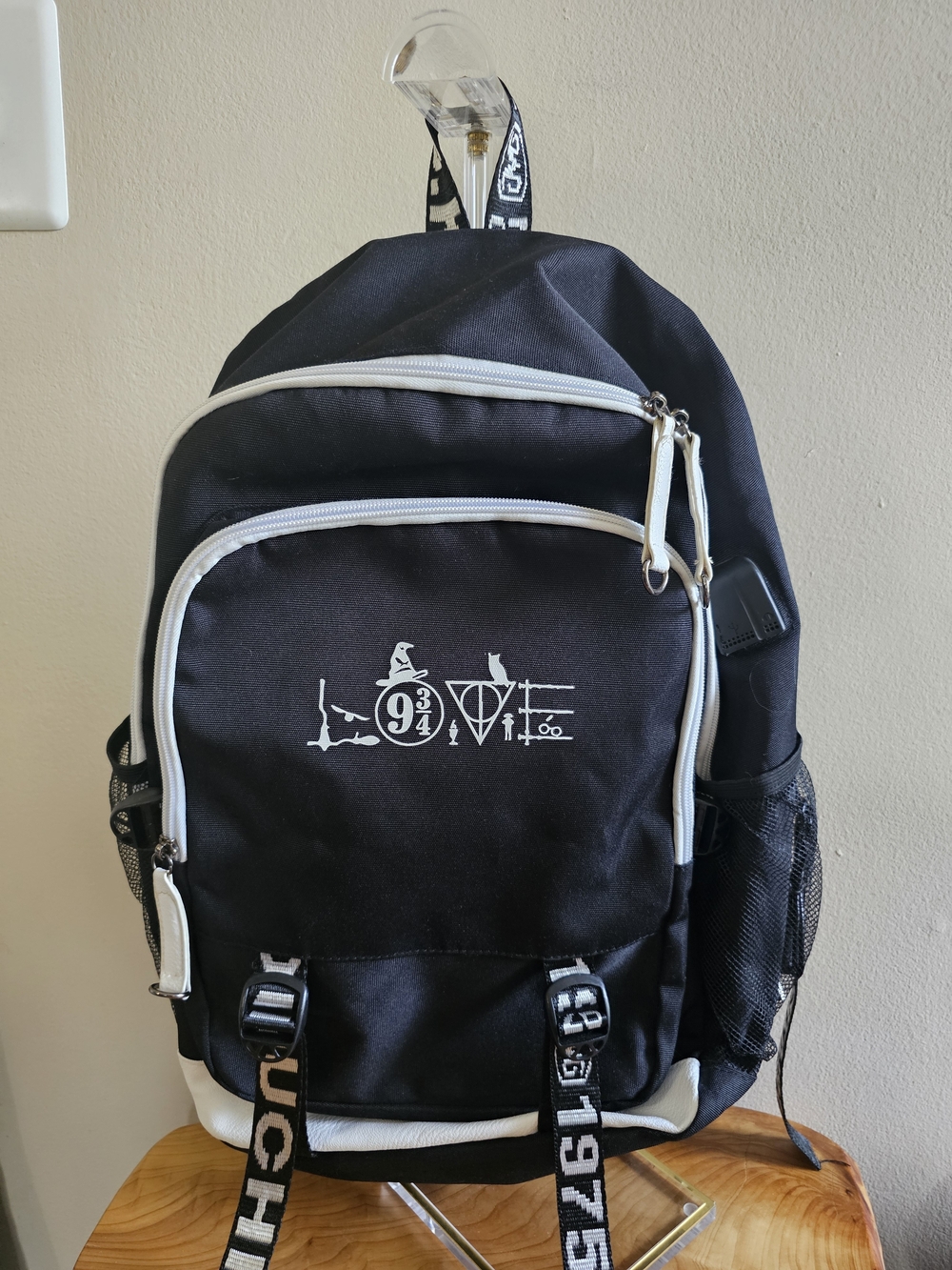 Harry Potter Inspired Black Graphic Zip Front Backpack with White Trim - Picture 2 of 11
